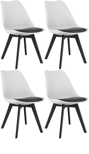 NMK HOME Lot de 4 chaises de Salle à Manger Blanches avec Coussin Noir – Chaises en Plastique avec Coussin en Similicuir et Pieds Noirs, Design Moderne au...