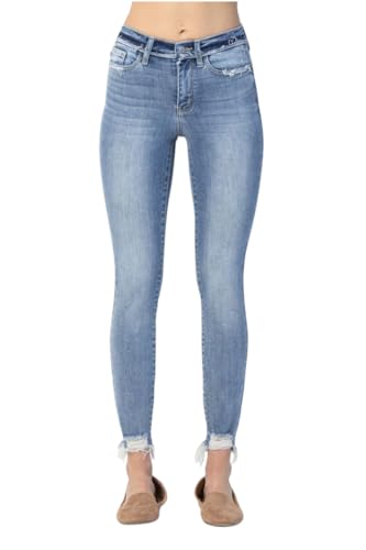 Judy Blue Women's Mid Rise Release Waist Band Distressed Hem Skinny Jeans (US, Numeric, 16, Plus, Regular, Blue)