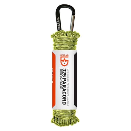 GEAR AID 325 Paracord and Carabiner, Utility Cord for Camping and Hiking, Nav Green, 50 ft