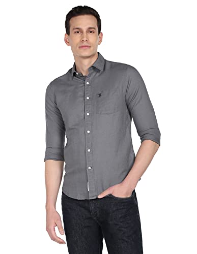 Image of U.S. Polo ASSN. Men's Solid Cotton Linen Tailored Fit Spread Collar Casual Shirt