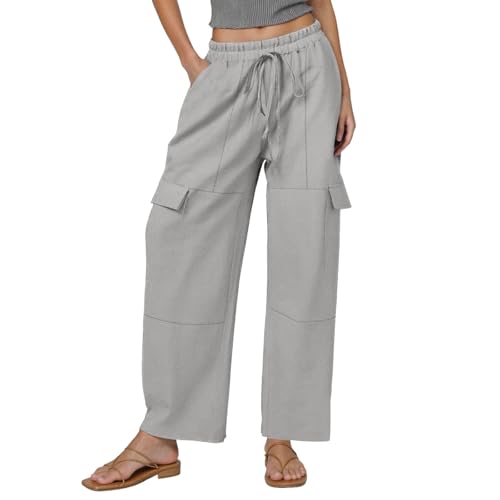 Women's Casual Pants High Waisted Drawstring Wide Leg Cargo Pants Elastic Comfortable Pure Color Linen (Grey, XL)