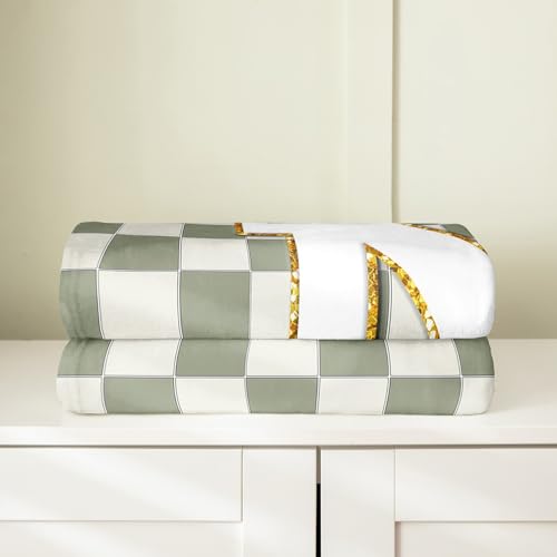 Image of Erosebridal Sage Green Checkered Fleece Blanket Throw 50 inchx60 inch Plaid Initial N Flannel Blanket Personalized Monogram Fuzzy Plush Throw for Kids Boys Girls,Fashion Grids Gingham Decor for Bed Couch