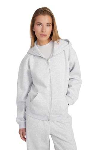 Style & Republic Damen Cropped Zip Hoodie aus Baumwollfleece Oversized Fit RIPP-Details gemütlich Hochwertig & stylisch mit Reißverschluss Hell Grau M