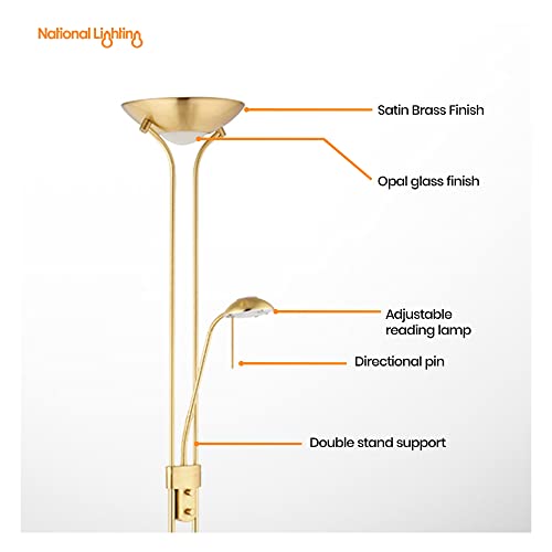 National Lighting Mother and Child Uplighter Floor Lamp with Reading Light - Satin Brass Finish Floor Lamps for Living Room R7s/G9 Bulbs (Not Included) - Image 2
