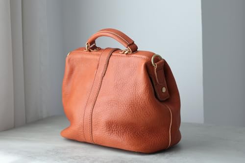 Image of Handmade Leather Doctor Bag for Women, Vintage Frame Satchel, Large Capacity Work Handbag, Soft Genuine Leather Shoulder Tote