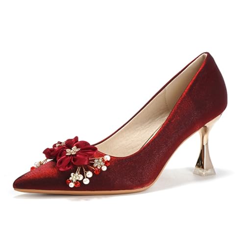 Zapatos de tacón alto elegantes para mujer, diseño de flores, color rojo, sin cordones, puntiagudos, para novia, boda, rojo vino, 38 EU