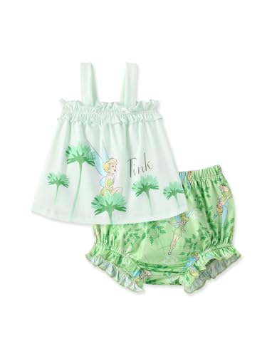 Disney Tinkerbell Baby Girl Outfit Sleeveless Ruffle Sling Tank Tops Short Elastic Waist Bloomers Diaper Cover Set Infant 2PCS Summer Clothing Set Floral Cute Babies Clothes 12-18 Months