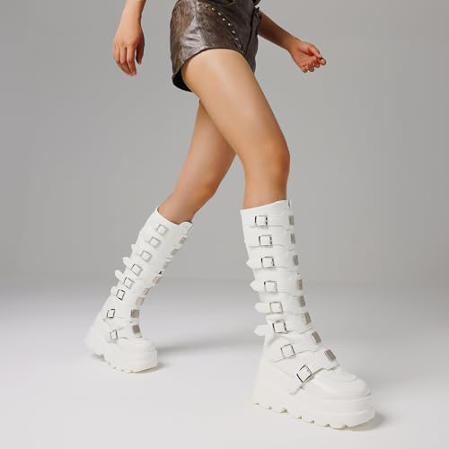 CELNEPHO Womens Wedge Platform Knee High Boots High Heel Round-Toe Zip Punk Goth Mid Calf Combat Boots For Women4