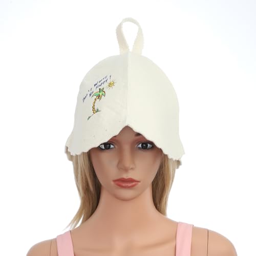 YOOJIA Wool Sauna Hat Cartoon Embroidery Felt Sauna Cap with Hanging Loop for Traditional Sauna Dry Sauna Infrared Sauna Beige One Size