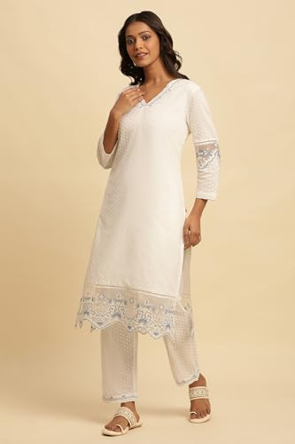 Image of W for Woman W Women White Solid Cotton Co-Ord Kurta Set, Straight Pant & Dupatta
