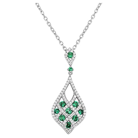 Oro Leoni 925 Sterling Silver with Round Green Spinel and Cubic Zirconia Stones Drop Pendant, 18" Length Chain Cover