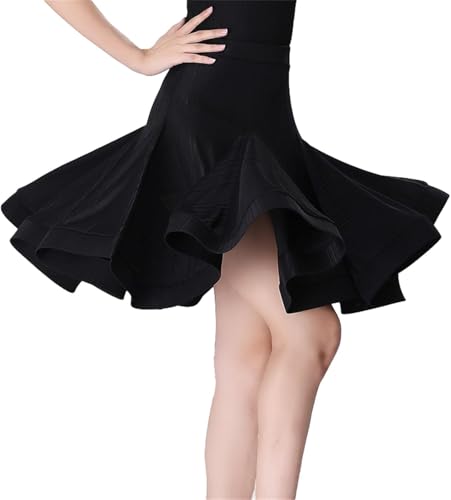 DgtZyrih Vestido de Baile Latino para Mujer, Falda Cruzada con Volantes, Falda de salón para Tango, Salsa y Samba, Traje Transpirable para espectáculos, Ropa de competición,Negro,S