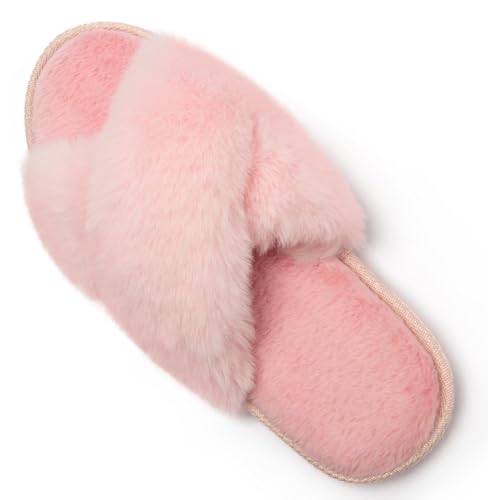 katliu Women's Cross Band Furry Slippers Cozy Plush House Slippers Open Toe Soft Fuzzy Slippers Memory Foam Indoor Slippers