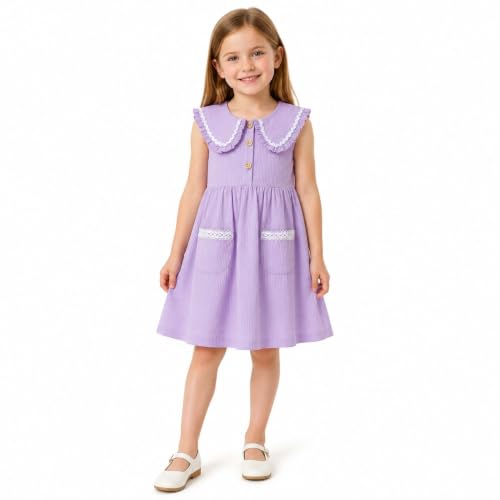 Image of HILEELANG Girls Cotton Dress Sleeveless Peter Pan Collar with Pockets | Soft Cotton, Functional Buttons, Front Pockets, Peter Pan Collar, Ric Rac Trim for Toddler & Little Girls