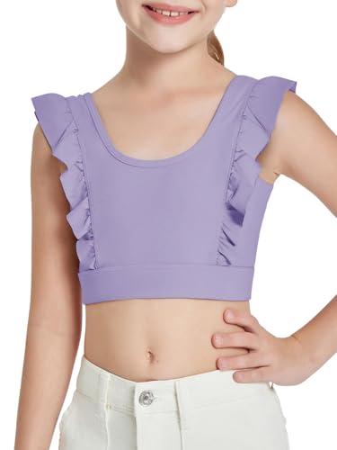 Haloumoning Mädchen Crop Top Sport BHS Rüschen Unterwäsche Fliegende Ärmelloses Ruffle Bauchfrei Yoga Ballett Tshirt für Kinder Tank Tops Lila 140