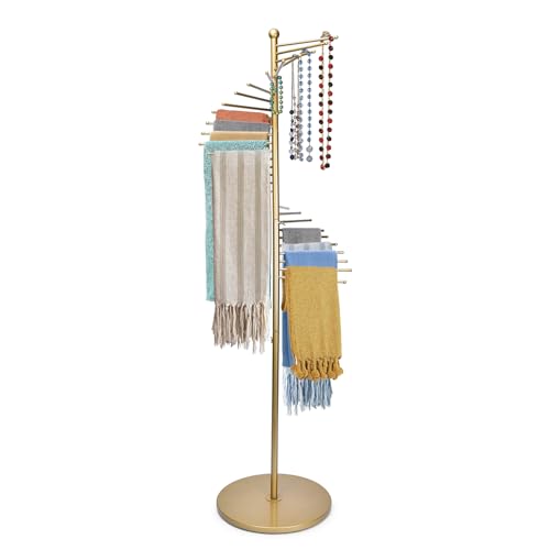 Vrietina Metal Scarf Rack, Freestanding Spiral Scarf Holder Commercial Hijab Organizer Belt Pants Hanger with 30 Rods for Clothing Store Home, Space Saving Shelves (Color: Gold, Size: 17''x67'')