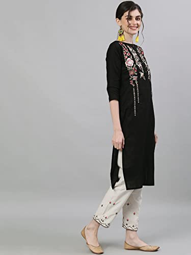 Image of ishin Women's Cotton Black & Off White Embroidered Straight Kurta Trouser Set