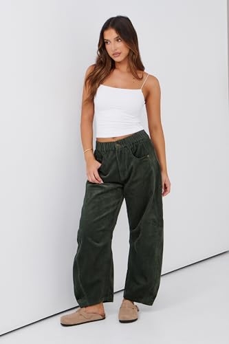 Lviefent Womens Mid Rise Cord Barrel Jeans Casual Baggy Wide Leg Corduroy Cropped Ankle Pants with Pockets3