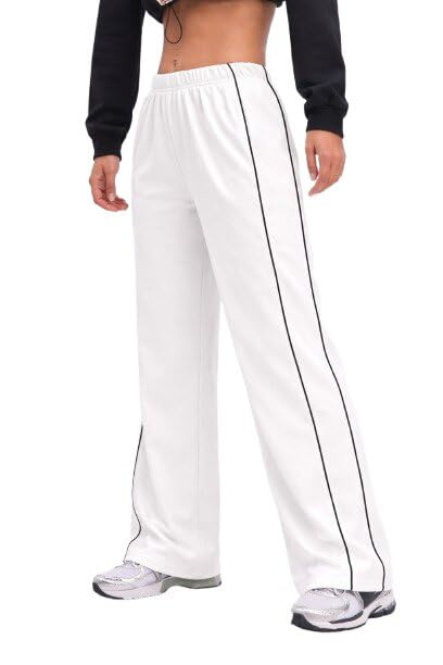 Women’s Wide Leg Side Stripe Track Pants High Waist Casual Trousers for Women Gym Workout Lounge Wear Soft Breathable Fabric Comfortable Loose Fit Stylish (in, Alpha, L, Regular, White)-picture-32