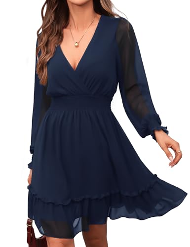 Image of Prettywear Women's Chiffon Long Sleeve Wrap Neck Wedding Guest Mini Dress | Wrap V Neck Smocked Waist Flowy Dress, Spring Fall Outfits for Cocktail, Vacation, Date Night Party
