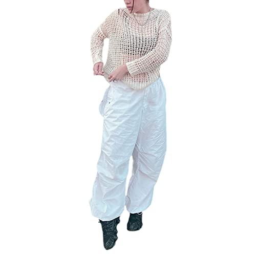 Womens Baggy Cargo Pants Casual Low Waist Adjustable Drawstring Joggers Sweatpants Trousers Punk Streetwear (White, S) #TOP1