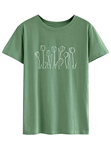 Dresswel Tulip Floral Tee For Women Graphic Printing Short Sleeve Round Neck T-Shirt Top Light Green #TOP2