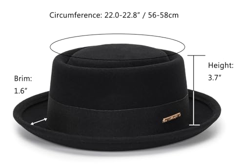 Damen-Glockenhut aus reinem Wollfilz, aufrollbare Krempe, Fedora, Porkpie, Fliege, edler Derby-Hut, Größe S/M, Schwarzes Design2, M