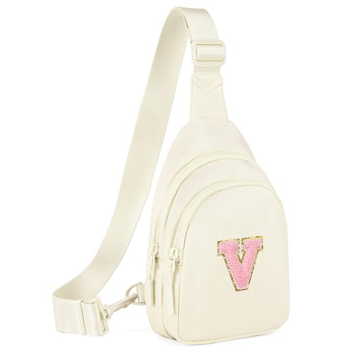 Viverte Birthday Gifts for 4 5 6 7 8 9 10 11 12 13 Year Old Girls Initial Sling Bag Fanny Pack Personalized Trendy Stuff for Teen Girls Daughter Sister (Beige-V)