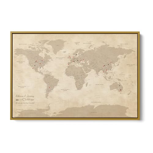 Image of Vintage Canvas Travel Pin Map of the World - Oversized Antique Style World Map with Pins - Personalized Framed Wall Art - Gold Float Frame - 34 inch x 51 inch