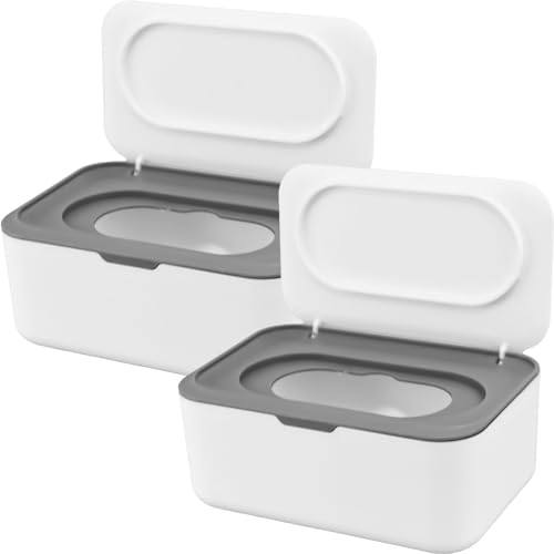 Image of Beieverluck 2 Pack Baby Wipes Dispenser Wipe Holder with Lids Refillable Wipe Container Case for Bathroom Travel Wipe Holder Keeps Wipes Fresh (Grey)