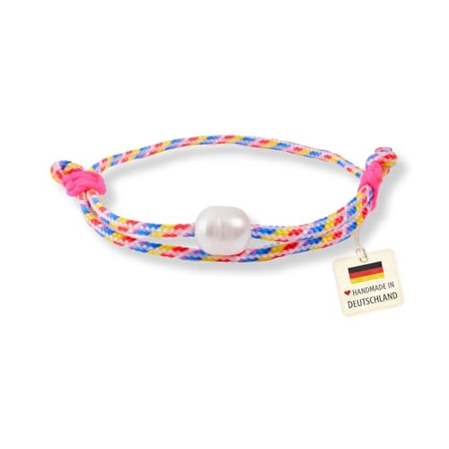 happymaker - Segeltau Armband Damen, Bunter Armbänder Damen mit echrter Süsswasserperle, zwei Schiebeknoten in pink neon, größenverstellbar, wasserfest und handmade