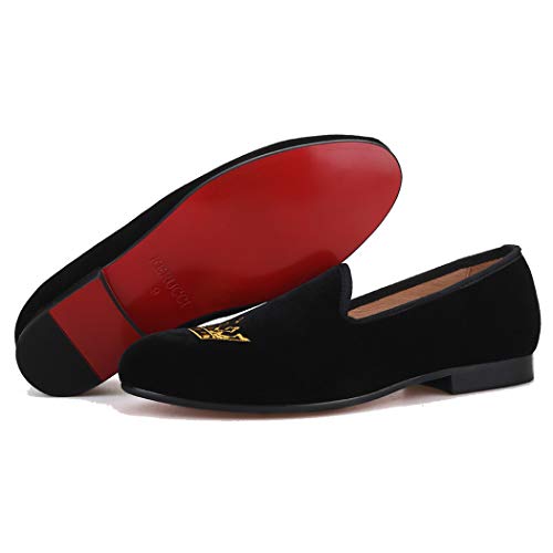 FERUCCI Men Plain Black Velvet Slippers Loafers with Gold Crown Wedding Prom2
