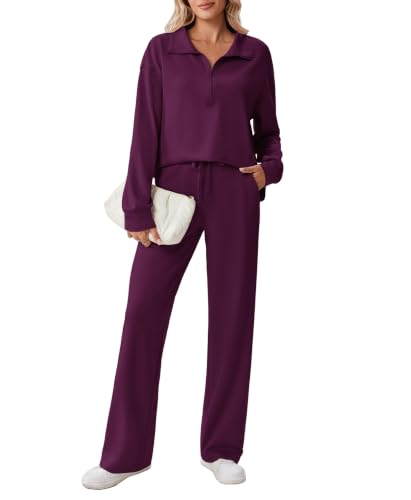 Image of PINSPARK 2 Piece Sets for Women 1 /2 Zip Sweatsuit 2026 Matching Outfit Fall | Lightweight Air Layer Fabric, Loose Fit Sweatshirt, Straight Leg Pants with Pockets, Soft Lounge Sets, Airport Outfits Women