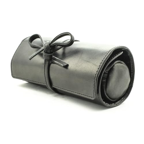 Tony Perotti Womens Italian Cow Leather Premium Combination Jewelry Roll with Tie Closure in Black
