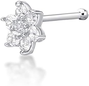 Lavari Jewelers22 Gauge Straight Bone Flower Nose Stud for Women or Men - 14k White or Yellow Gold 4.5mm Cubic Zirconia Nose Ring - Unisex Hypoallergenic Nostril Piercing Jewelry - 22G Body Piercing