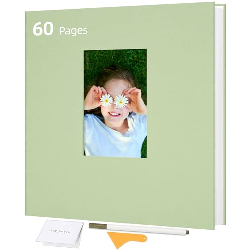 Remowith Large Self Adhesive Photo Album Scrapbook with Window Linen Cover 60 Pages for 4x6 5x7 8x10 Photos Family Baby Wedding Memory Book Light Green 11x10.6 inch