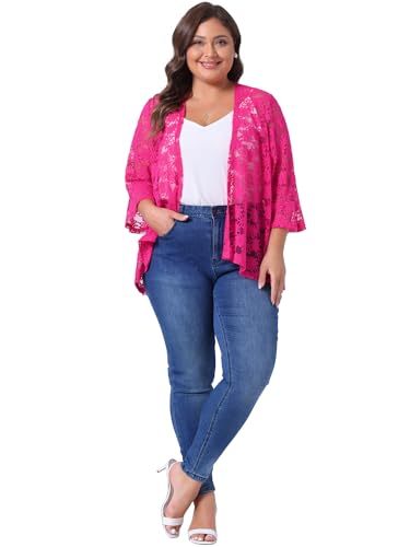 Image of Agnes Orinda Women Plus Size Open Front Lace Cardigans | 3 /4 Bell Sleeve Sheer Formal Bolero Shrugs Lightweight Floral Crochet Cover Up