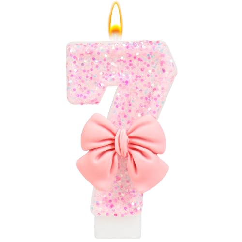 Number 7 Birthday Candle Pink Bow Birthday Candles Glitter Candle Cake Topper Happy Birthday Cake Decoration Gifts Anniversary Party Supplies for Girl