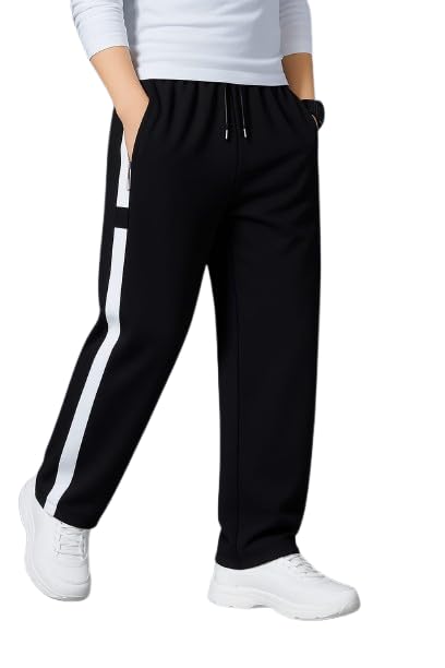 Men's Track Pants with White Side Stripe, Black, Comfortable Stretch Fit, Secure Zipper Pocket, Drawstring Waist-picture-16
