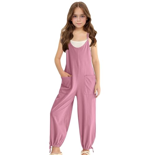 Girls Adjustable Spaghetti Strap Jumpsuits Kids Sleeveless Casual Loose Overalls with Pockets Solid Color Comfy Cool 𝐃ungarees Cotton Soft Outfits (Pink, 9-10 Years)