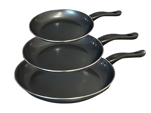 SwiftPick Home Frying Pan Set - 3pcs, Non Stick Carbon Steel Frying Pans, 20cm, 25cm & 30cm | PTFE Non Stick Coating | Heat Resistant Handles | for Use with Halogen, Electric, Gas and Solid Hobs