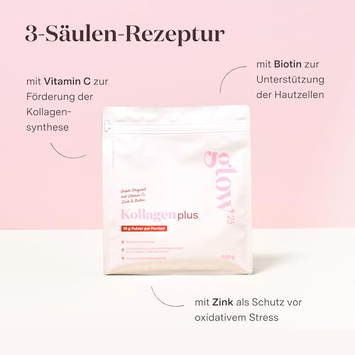 Glow25® Collagen Plus Pulver [450g] - Kollagen Hydrolysat mit Vitamin C, Zink und Biotin - Peptide Typ 1 und 3 - Gute Löslichkeit - Neutral