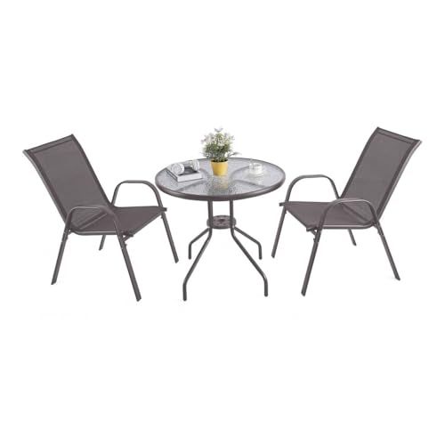 URBNLIVING 3 Piece Garden Bistro Set Round Glass Top Table & 2 Textilene Chairs Outdoor Patio Balcony Furniture Weather Resistant Metal Seating - Brown