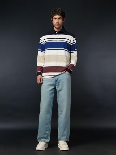 Image of The Souled Store Oversized Rugby Polo: Men and Boys Long Sleeve Spread Collar Striped Cotton Oversized Fit Breathable Everyday Lightweight All-Season Polos