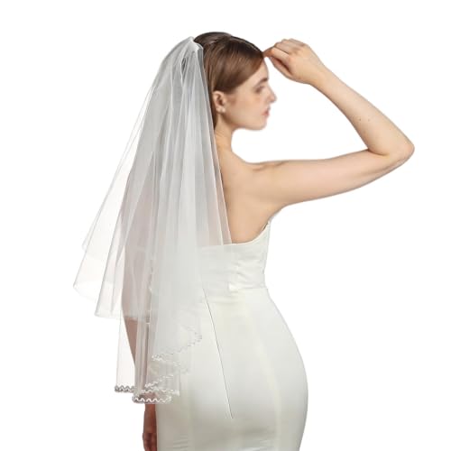 Velo de novia de doble capa corto velo de novia blanco roto con cuentas y peine para bodas