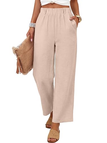 ANRABESS Womens Summer Pants,Elastic Waist Wide Leg Lightweight,Casual for Office & Travel,Lounge Beach Pants with Pockets Apricot