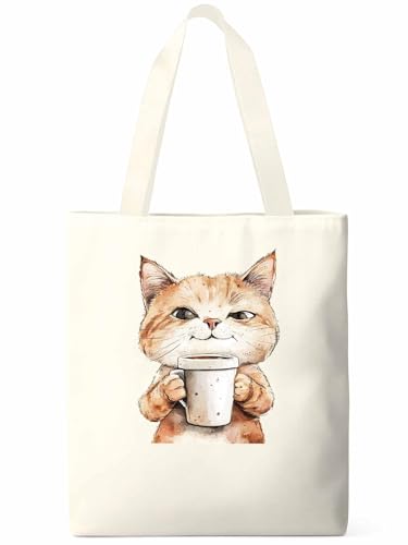 Canvas Tote Bags,Grocery Shopping Cloth Bag Funny Cat Coffee Reusable Shoulder Bags Tote Bag for Travel Work Gym