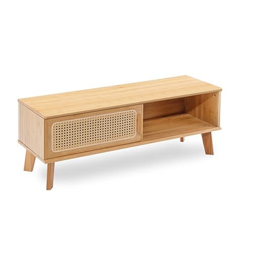 Bamboo TV Cabinet Media Entertainment Center with Rattan Doors,Living Room Bedroom TV Unit Console Table,Boho TV Stand with Wood Feet Cord Holes for Living Room,Bedroom(47x12.2x14.7in(120x31x37.5cm))