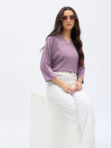 Image of SheWill Printed Top with Contrast Tipping - Stylish Ethnic & Western Tops for Women - Summer Travel Wear, Trendy Tops for Jeans, Lightweight & Comfortable Casual Wear