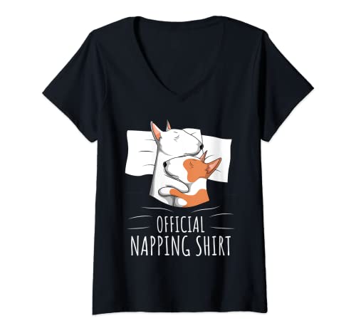 Mujer Dormir Bull Terrier Amante de Perros Siesta Oficial Camiseta Cuello V